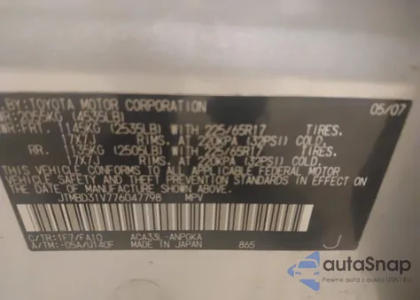 2007 Toyota Rav4 Limited z USA, uszkodzony, nr VIN JTMBD31V776047798